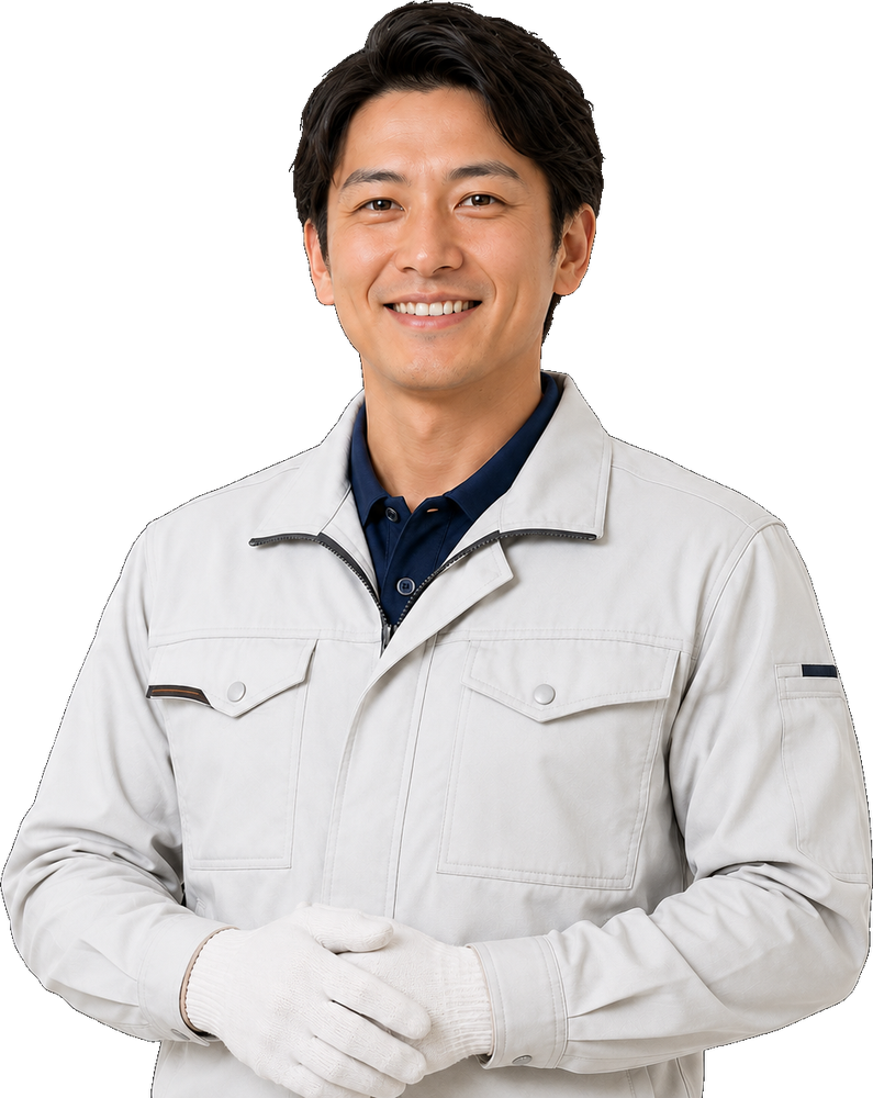 お客様をお迎えする作業着姿のスタッフ